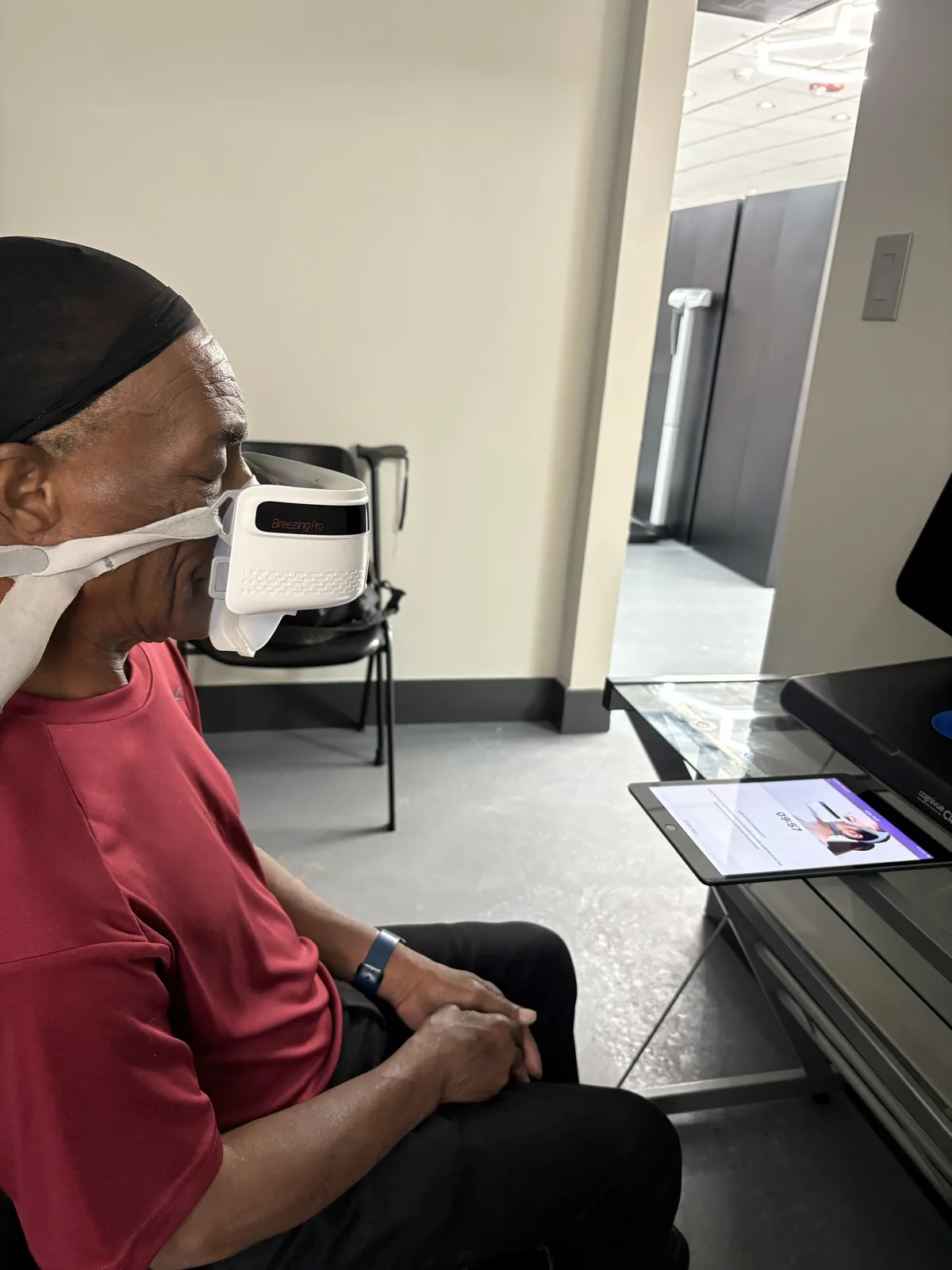 Patient wearing an indirect calorimetry mask during resting metabolic rate testing at Reverse Diabetes MD, 4477 Woodson Rd, Suite 209, St. Louis, MO 63134